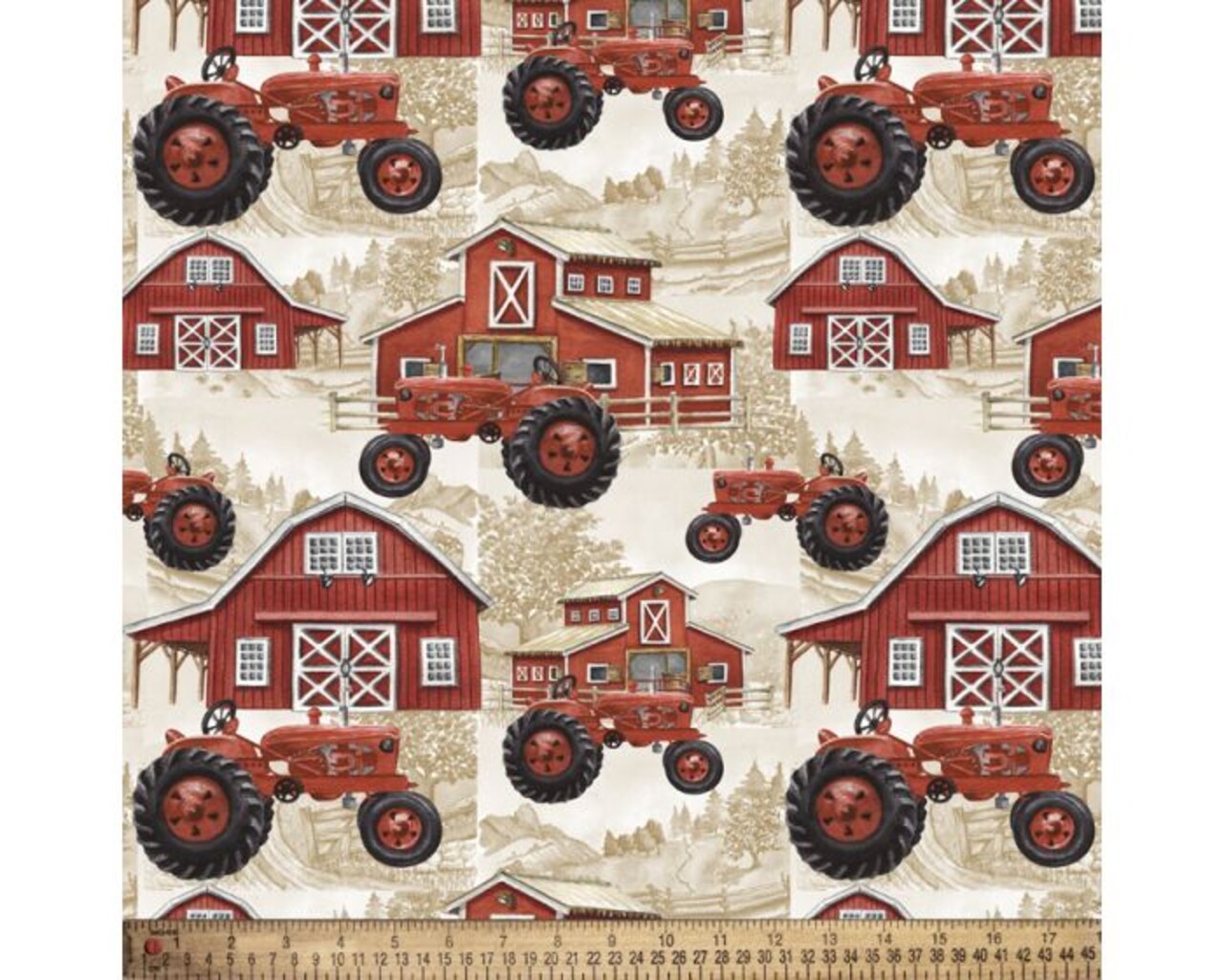 Barns and Tractors Country Cotton Fabric | By the Yard | Sewing and Crafting | 44 inches wide